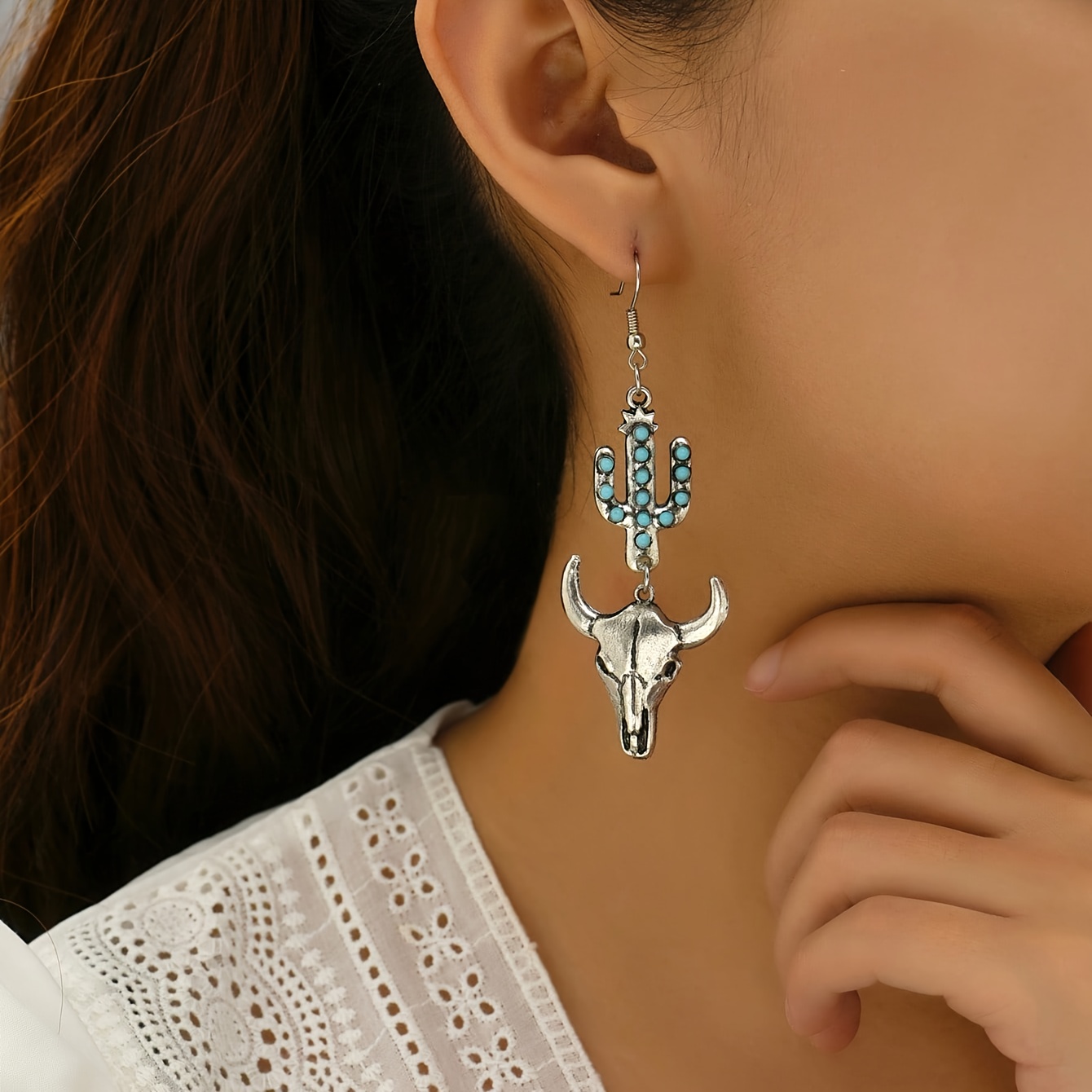 Western Cowboy Style Drop Earrings, Cactus Skull Design